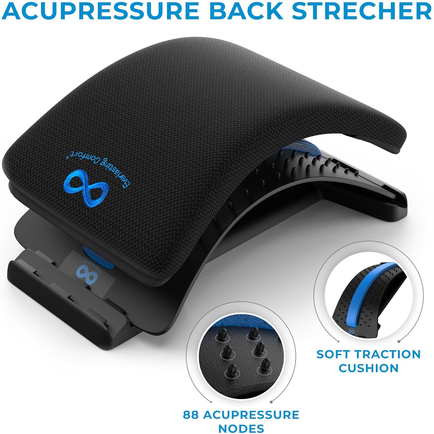 Adjustable Back Stretcher for Lower Back Pain Relief - Spine Decompression Device with Lumbar Support, 88 Acupressure Nodes, and Memory Foam Pad